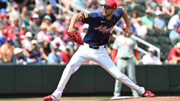 Atlanta Braves left-hander Chris Sale pitches against the Philadelphia Phillies during a spring training game in North Port, Fla., on March 3, 2024.